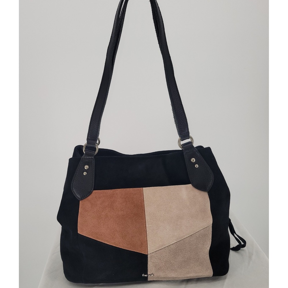 The Sak Black‎ Suede Colorblock Patchwork Tote Shoulder Bag Leather Straps Boho - Picture 2 of 9